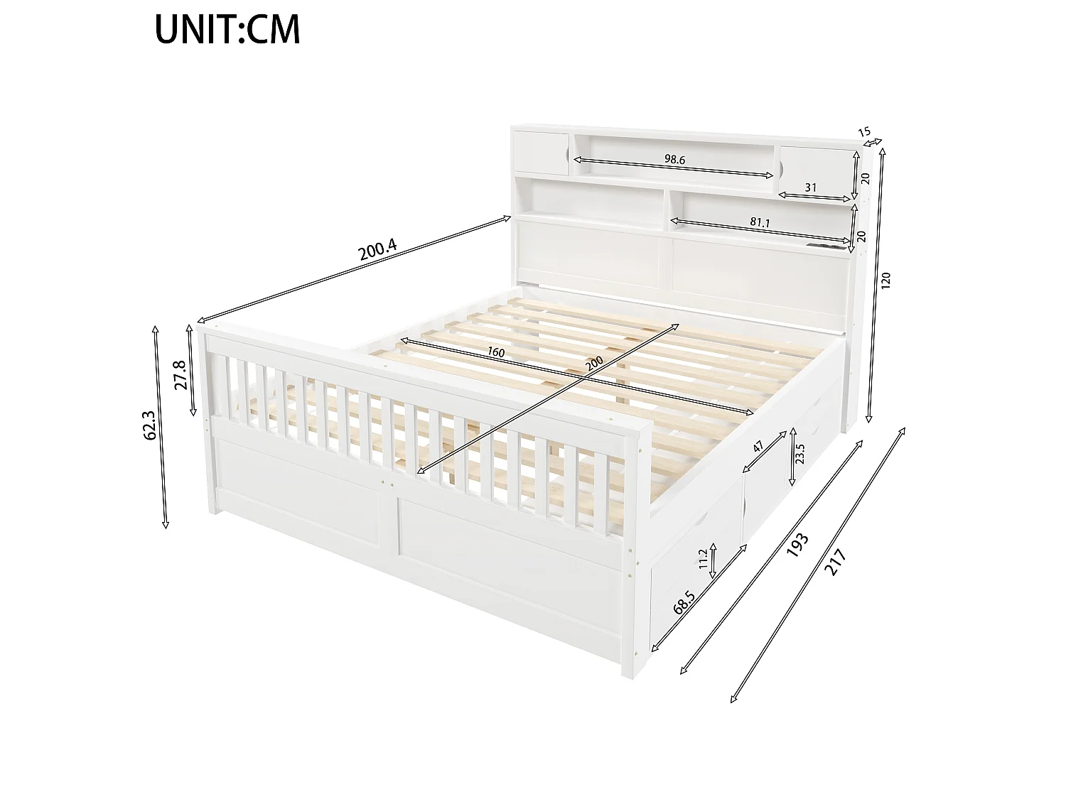 Dubbelsäng för vuxna 160 x 200 cm med LED, USB-port och 4 lådor - Vit