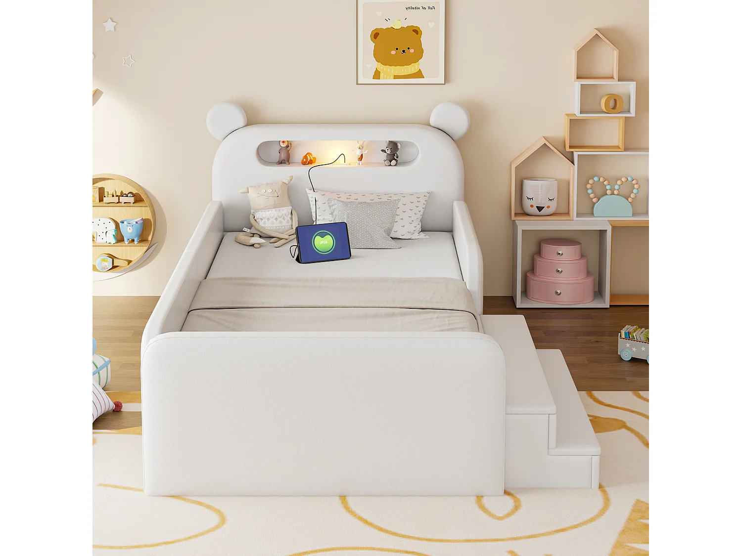 Lit enfant capitonné 90 x 200 cm - avec lumière - port de chargement USB - repose-pieds - avec 1 tiroir - blanc (matelas non inclus)