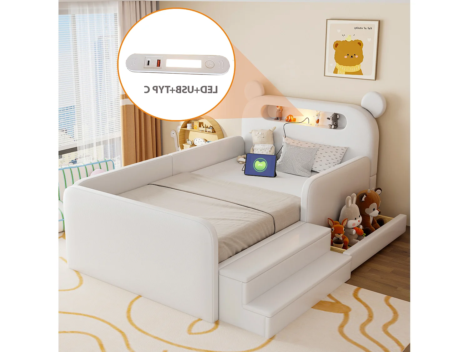Lit enfant capitonné 90 x 200 cm - avec lumière - port de chargement USB - repose-pieds - avec 1 tiroir - blanc (matelas non inclus)