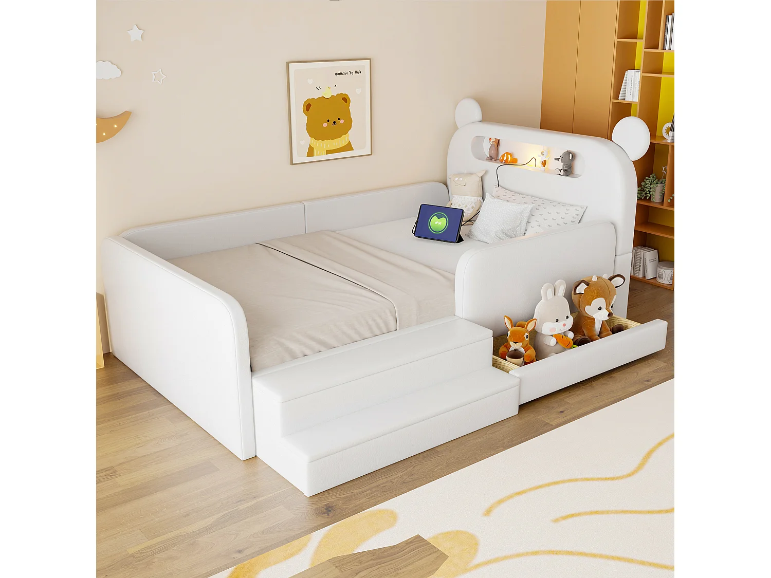 Lit enfant capitonné 90 x 200 cm - avec lumière - port de chargement USB - repose-pieds - avec 1 tiroir - blanc (matelas non inclus)