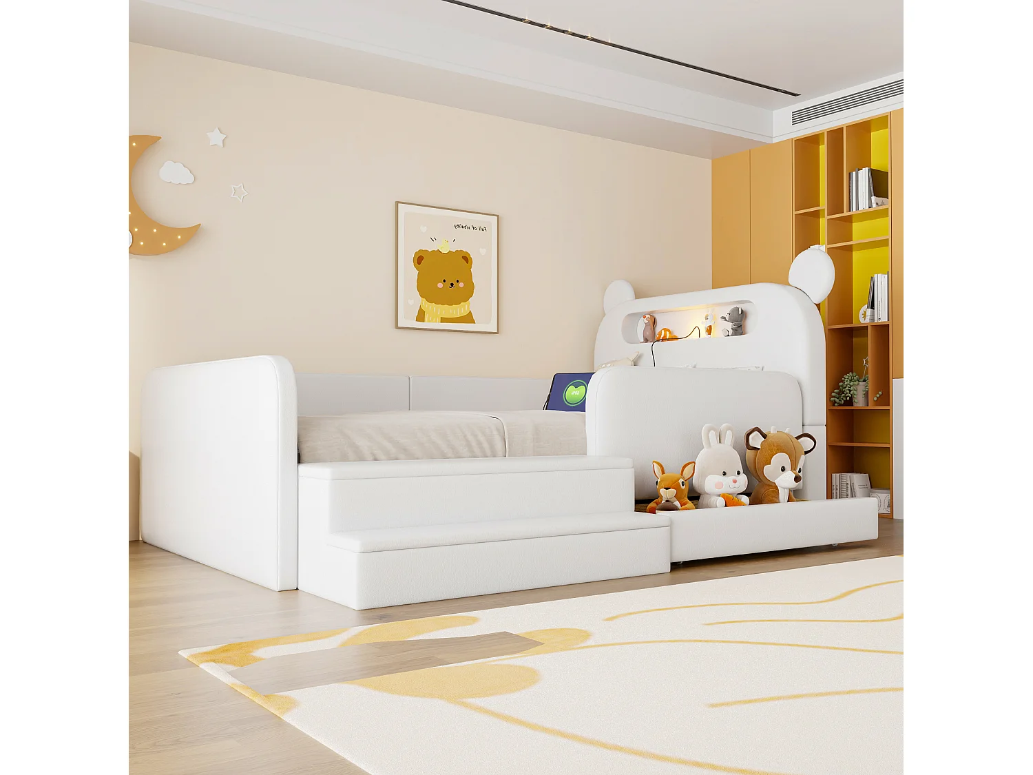 Lit enfant capitonné 90 x 200 cm - avec lumière - port de chargement USB - repose-pieds - avec 1 tiroir - blanc (matelas non inclus)