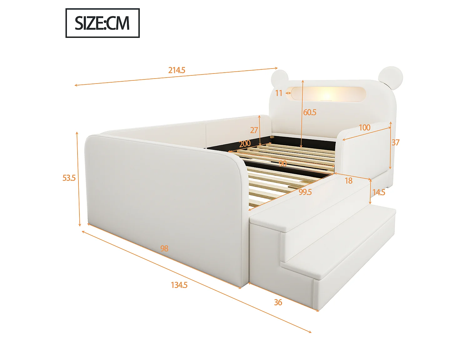 Lit enfant capitonné 90 x 200 cm - avec lumière - port de chargement USB - repose-pieds - avec 1 tiroir - blanc (matelas non inclus)