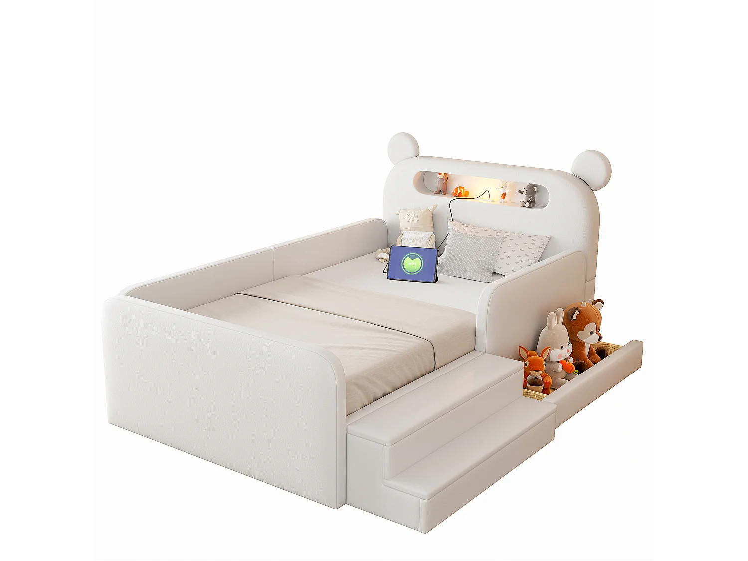 Lit enfant capitonné 90 x 200 cm - avec lumière - port de chargement USB - repose-pieds - avec 1 tiroir - blanc (matelas non inclus)