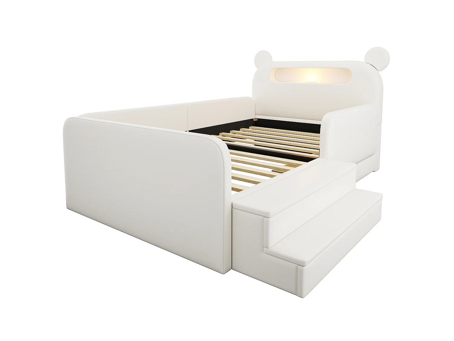 Lit enfant capitonné 90 x 200 cm - avec lumière - port de chargement USB - repose-pieds - avec 1 tiroir - blanc (matelas non inclus)