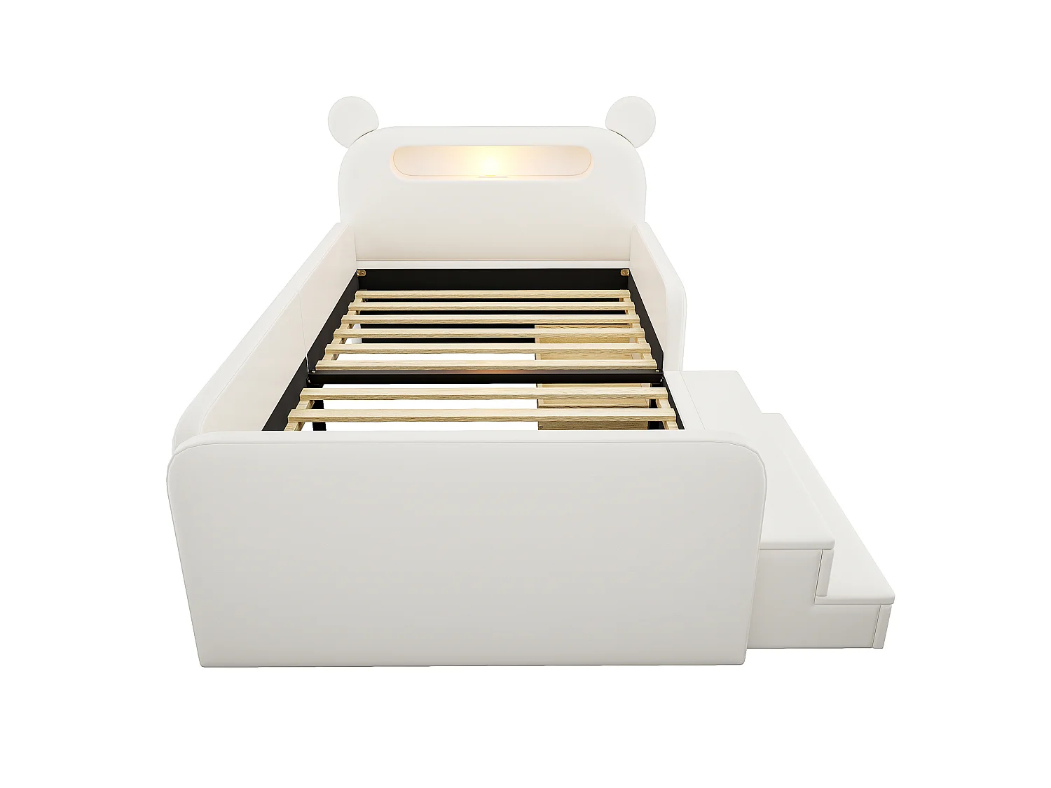 Lit enfant capitonné 90 x 200 cm - avec lumière - port de chargement USB - repose-pieds - avec 1 tiroir - blanc (matelas non inclus)