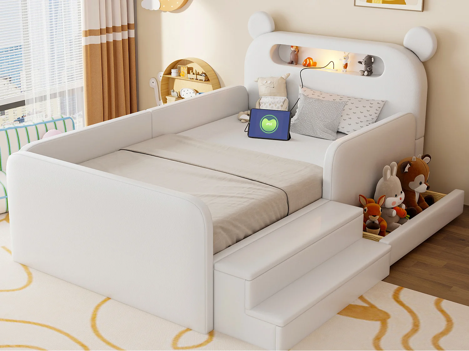 Lit enfant capitonné 90 x 200 cm - avec lumière - port de chargement USB - repose-pieds - avec 1 tiroir - blanc (matelas non inclus)