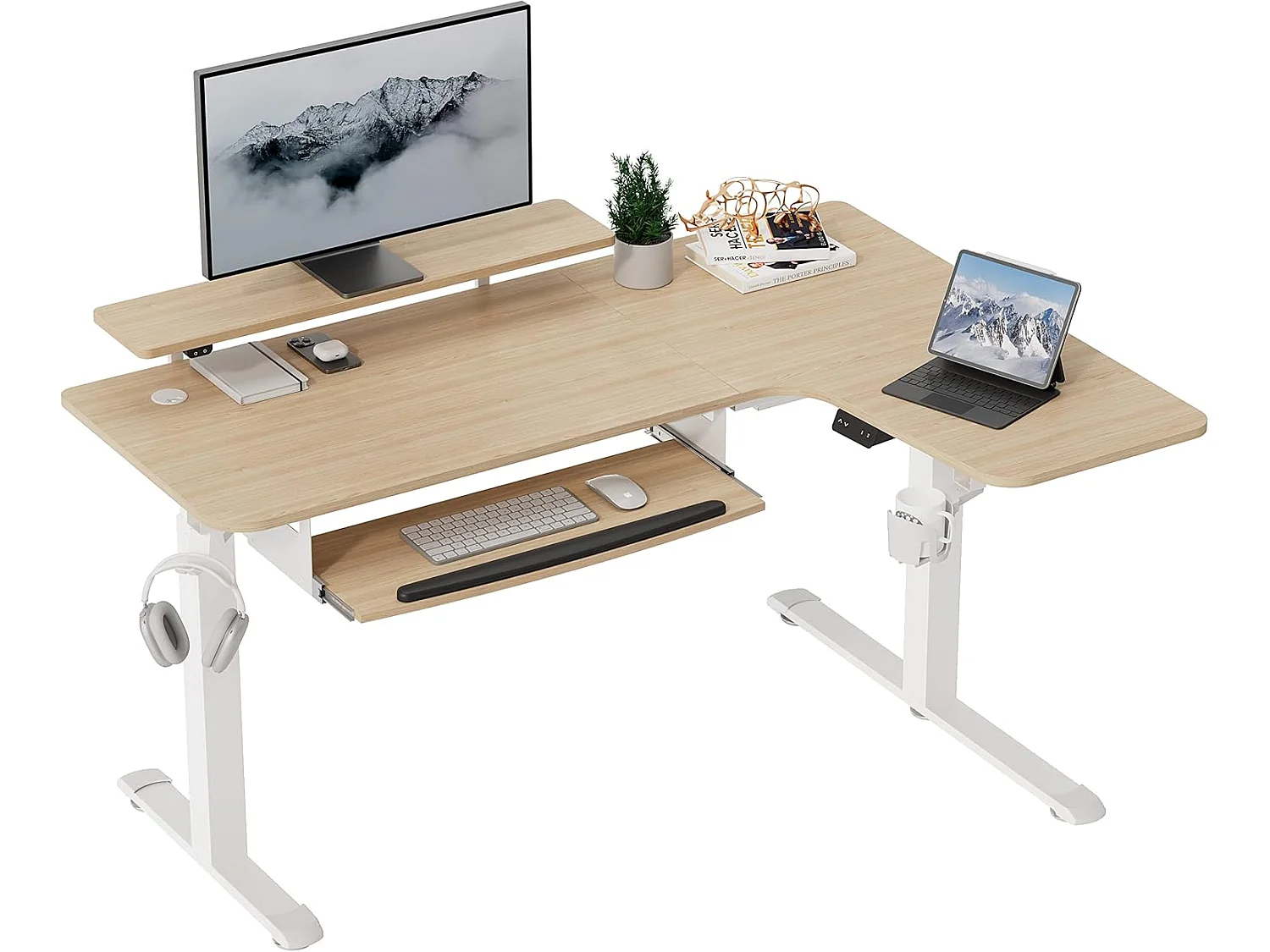 Bureau gaming électrique ajustable 155×110cm, modèle angle L spacieux. Doté de plateau coulissant clavier et support écran à éclairage LED