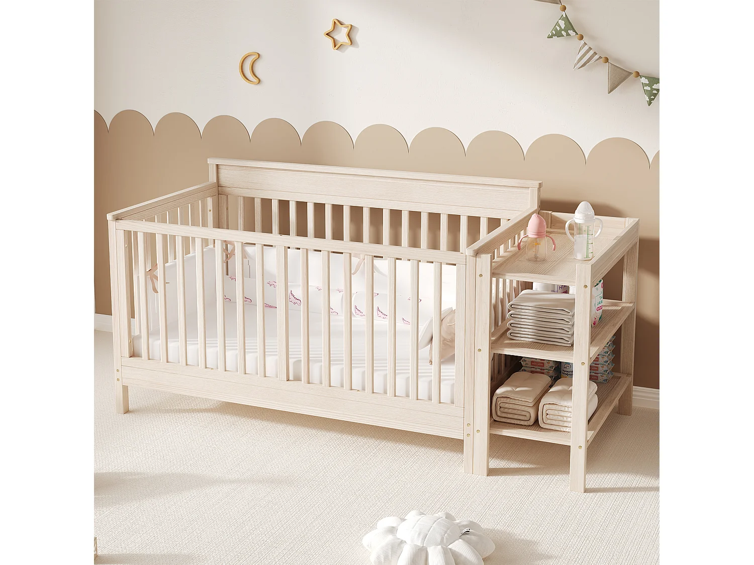 Lit bébé 140x70cm avec table à langer et étagère - bois de pin massif - sommier réglable - naturel