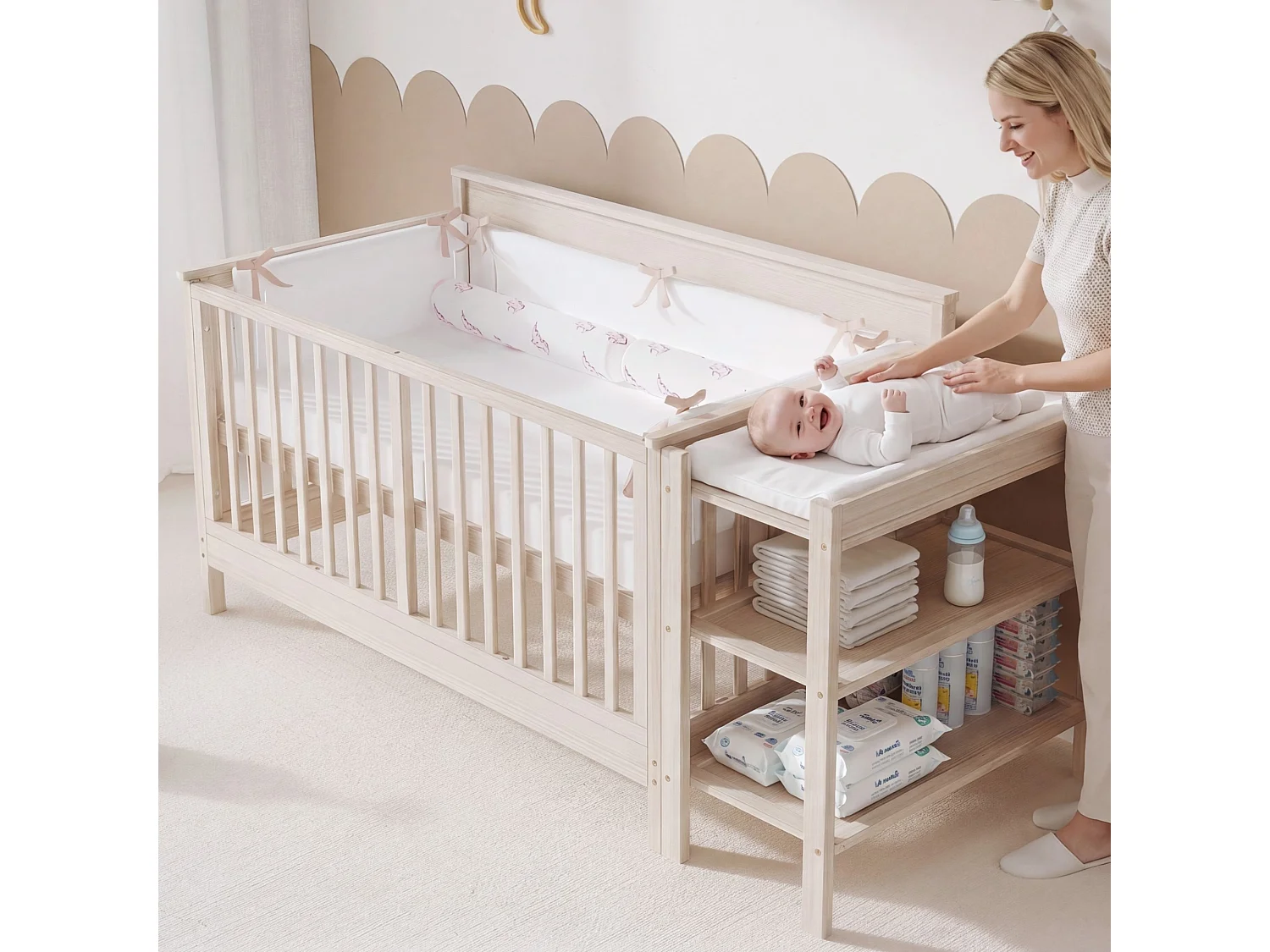Lit bébé 140x70cm avec table à langer et étagère - bois de pin massif - sommier réglable - naturel