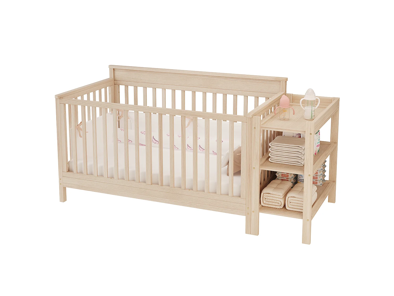Lit bébé 140x70cm avec table à langer et étagère - bois de pin massif - sommier réglable - naturel