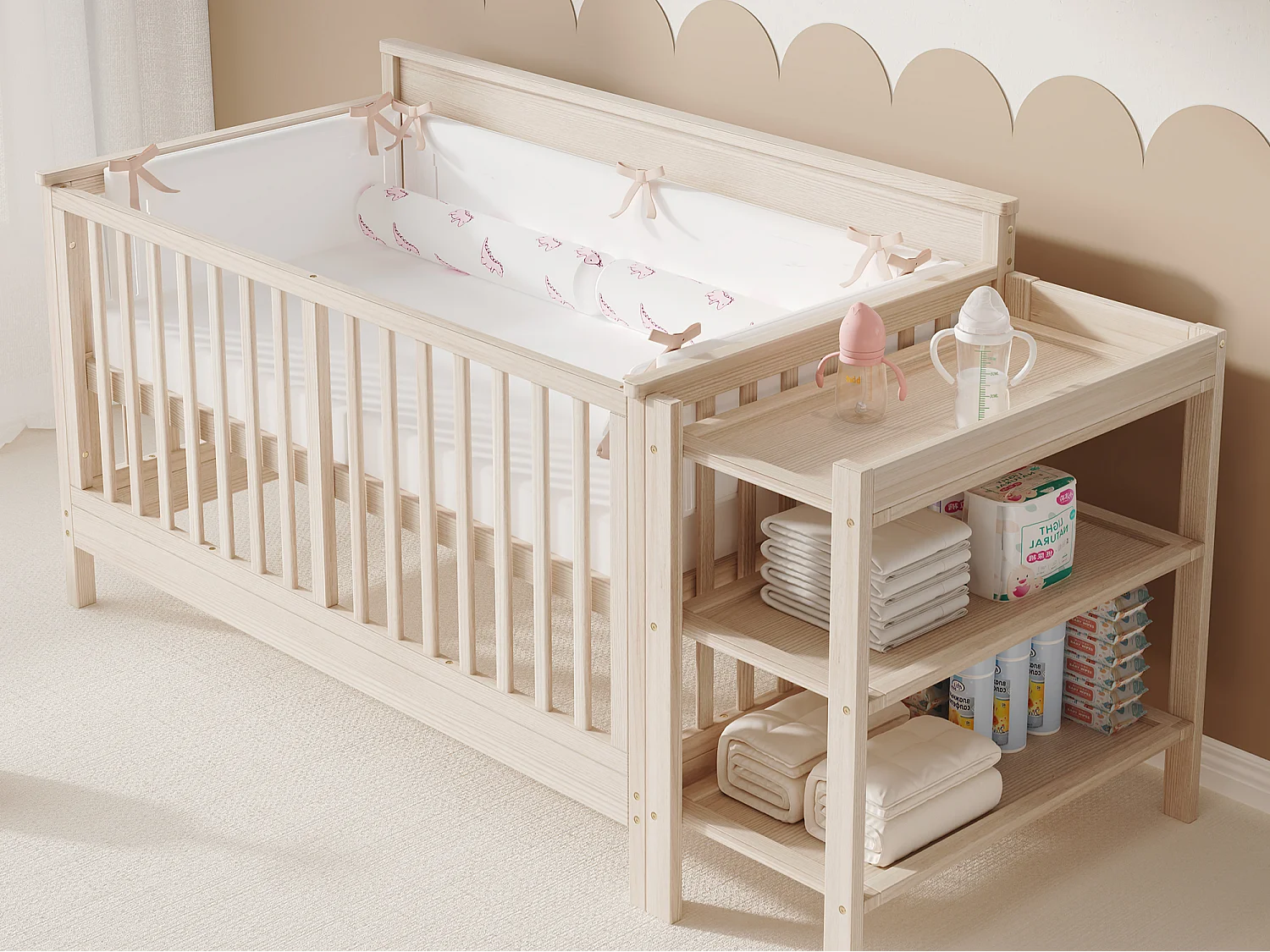 Lit bébé 140x70cm avec table à langer et étagère - bois de pin massif - sommier réglable - naturel
