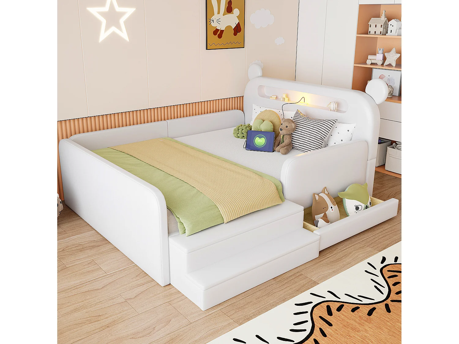 Lit enfant capitonné 140 x 200 cm - avec lumière - port de chargement USB - repose-pieds - avec 1 tiroir - blanc (matelas non inclus)