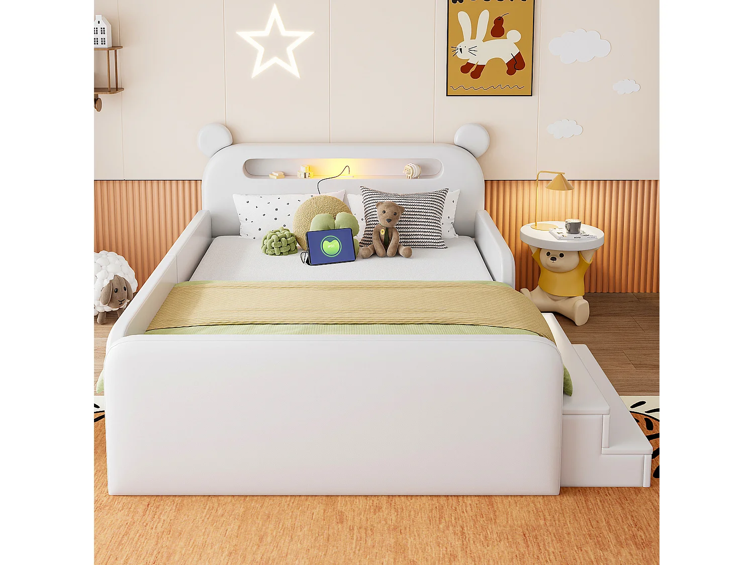 Lit enfant capitonné 140 x 200 cm - avec lumière - port de chargement USB - repose-pieds - avec 1 tiroir - blanc (matelas non inclus)