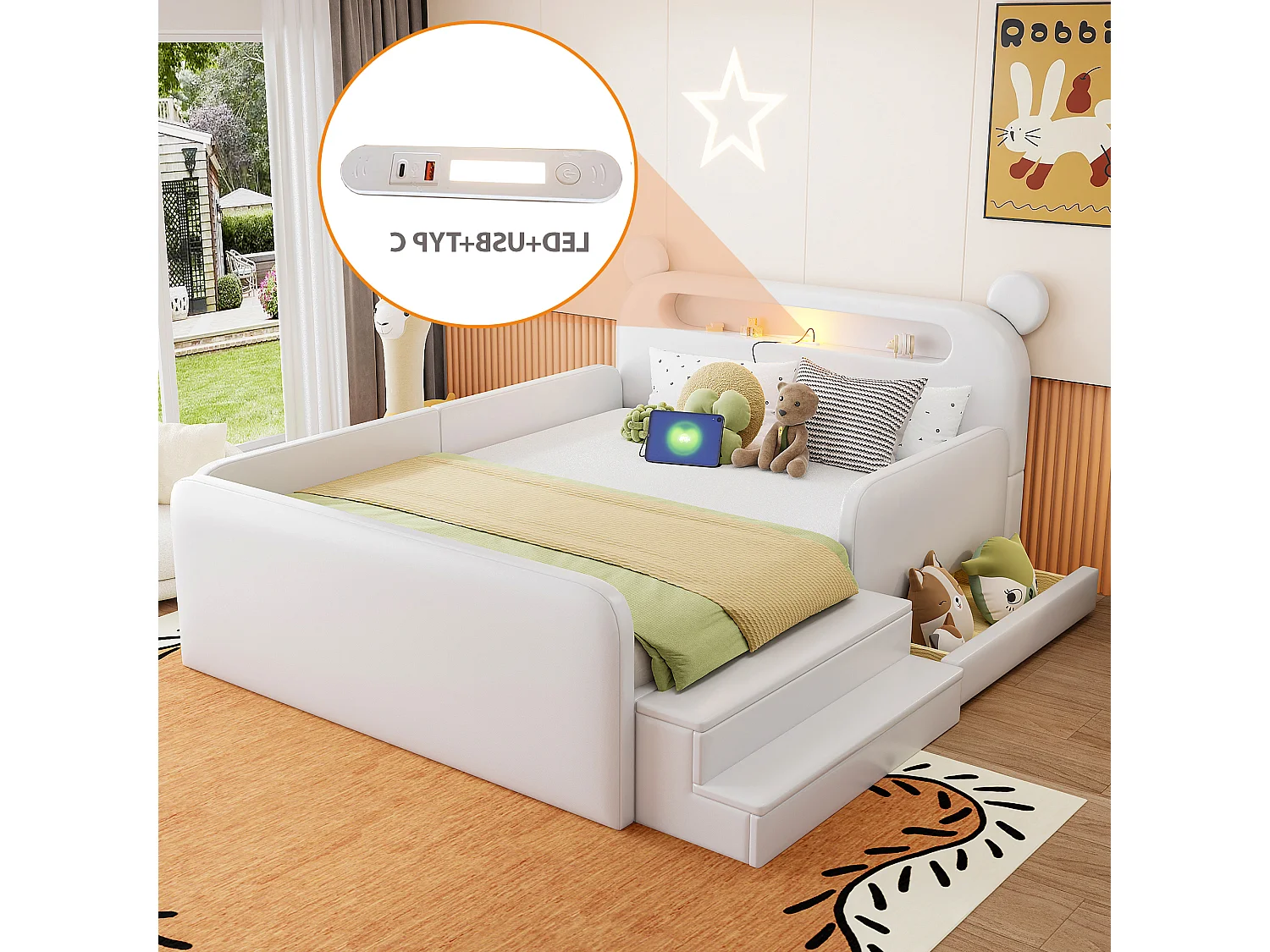 Lit enfant capitonné 140 x 200 cm - avec lumière - port de chargement USB - repose-pieds - avec 1 tiroir - blanc (matelas non inclus)