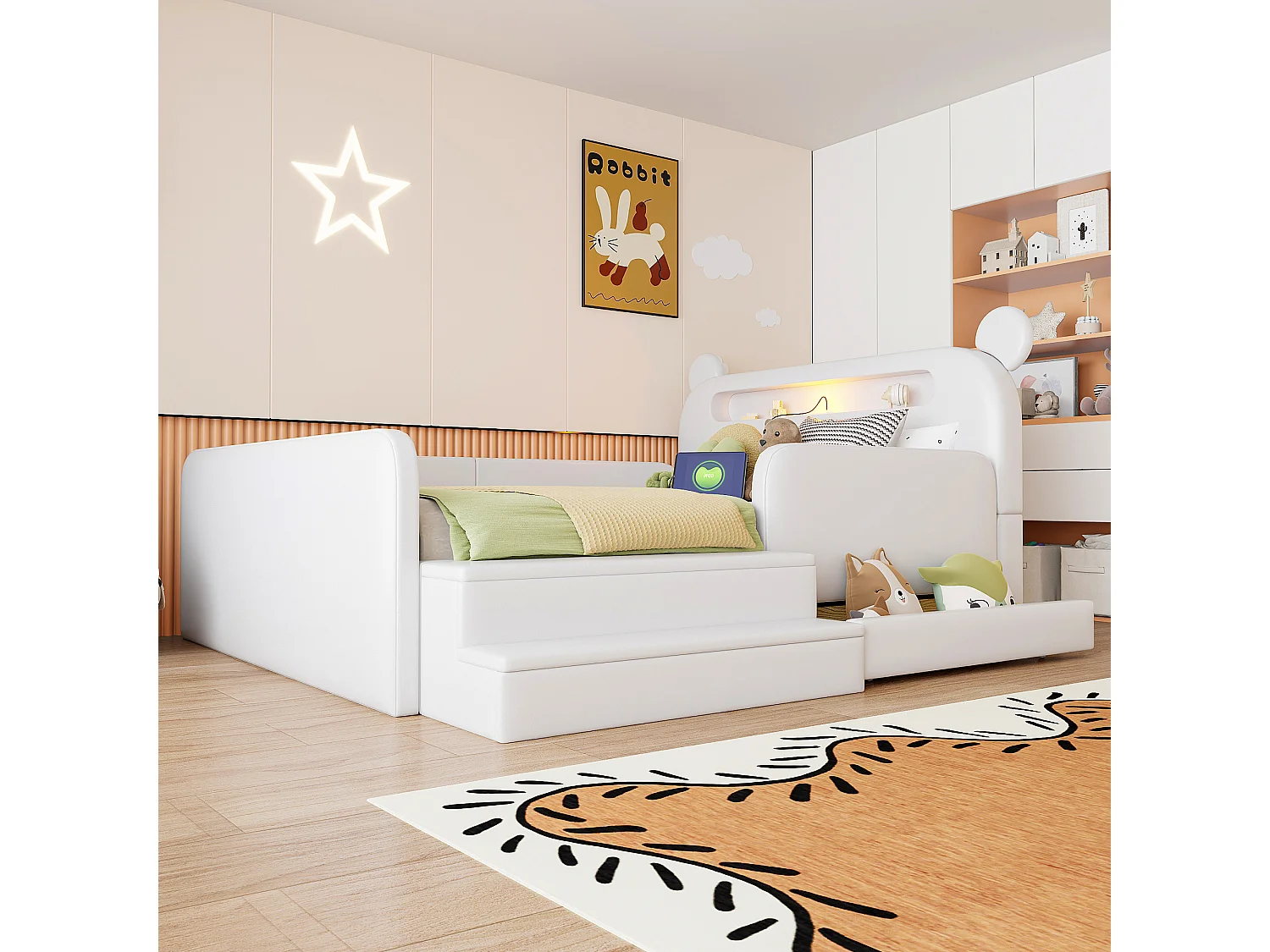 Lit enfant capitonné 140 x 200 cm - avec lumière - port de chargement USB - repose-pieds - avec 1 tiroir - blanc (matelas non inclus)