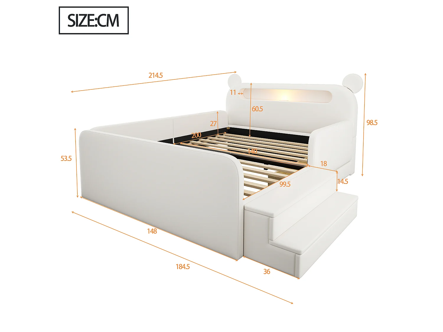 Lit enfant capitonné 140 x 200 cm - avec lumière - port de chargement USB - repose-pieds - avec 1 tiroir - blanc (matelas non inclus)