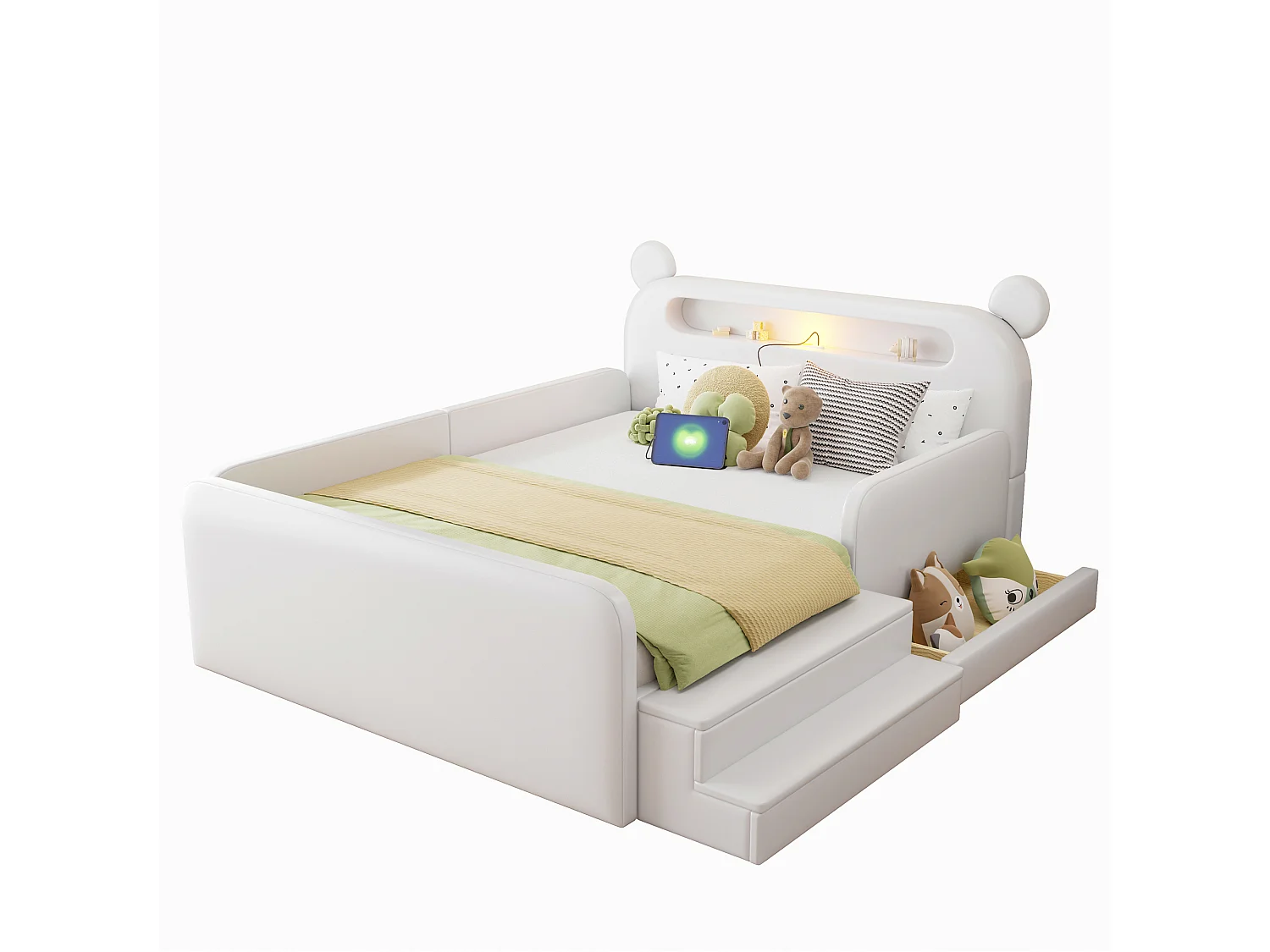 Lit enfant capitonné 140 x 200 cm - avec lumière - port de chargement USB - repose-pieds - avec 1 tiroir - blanc (matelas non inclus)