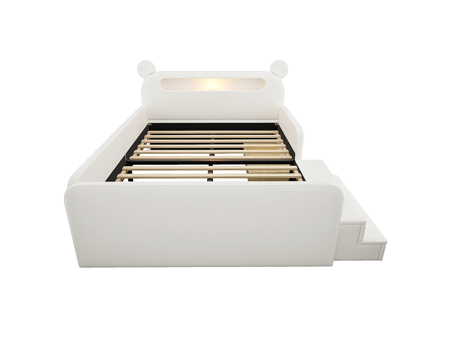 Lit enfant capitonné 140 x 200 cm - avec lumière - port de chargement USB - repose-pieds - avec 1 tiroir - blanc (matelas non inclus)