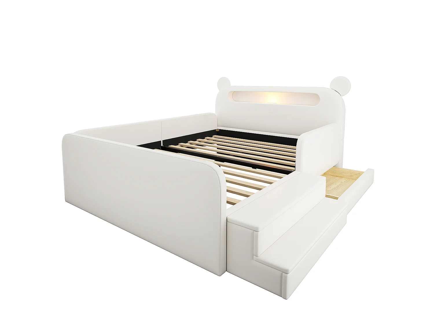 Lit enfant capitonné 140 x 200 cm - avec lumière - port de chargement USB - repose-pieds - avec 1 tiroir - blanc (matelas non inclus)
