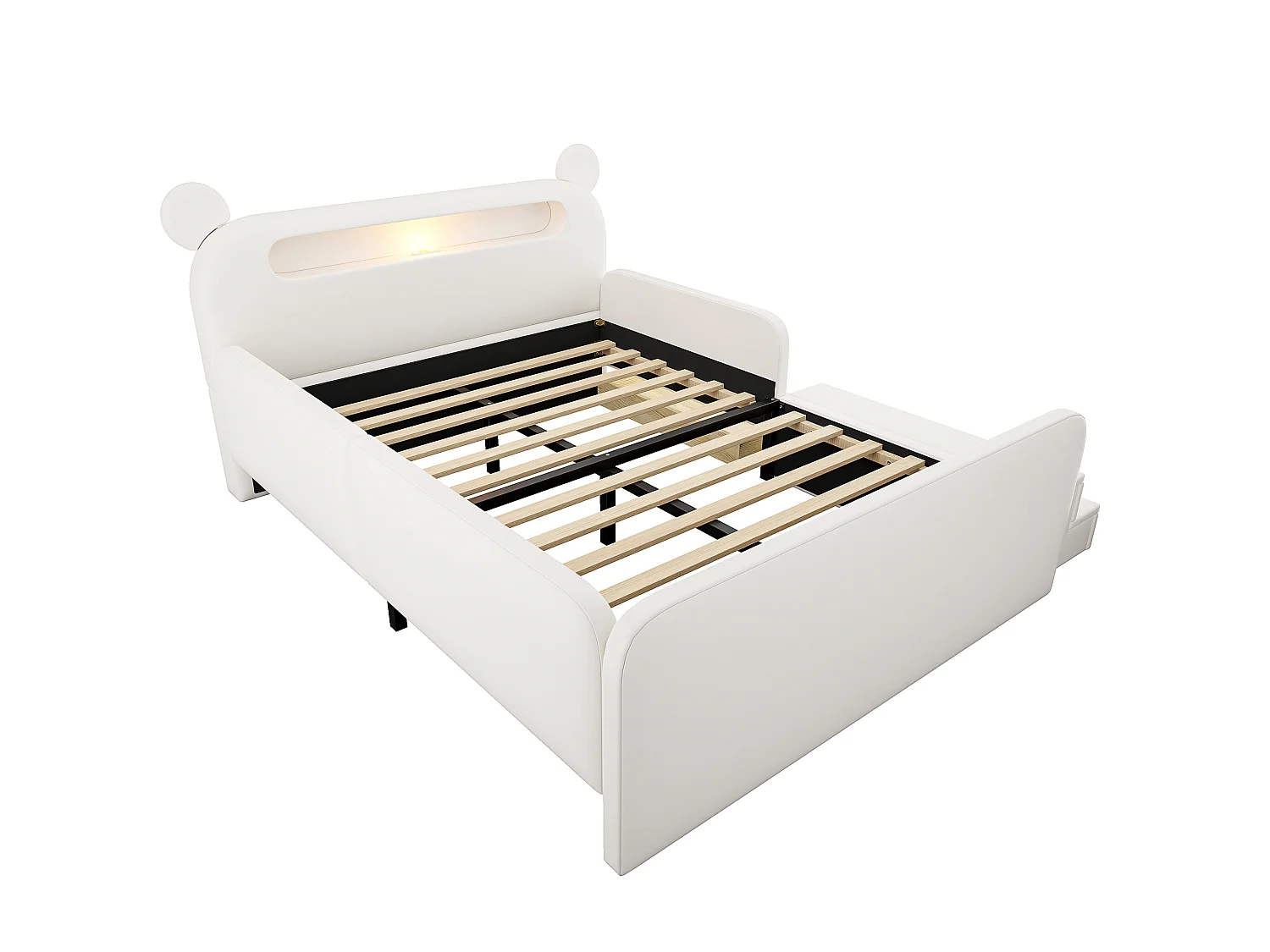 Lit enfant capitonné 140 x 200 cm - avec lumière - port de chargement USB - repose-pieds - avec 1 tiroir - blanc (matelas non inclus)