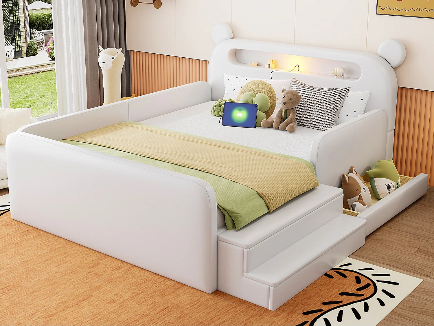 Lit enfant capitonné 140 x 200 cm - avec lumière - port de chargement USB - repose-pieds - avec 1 tiroir - blanc (matelas non inclus)
