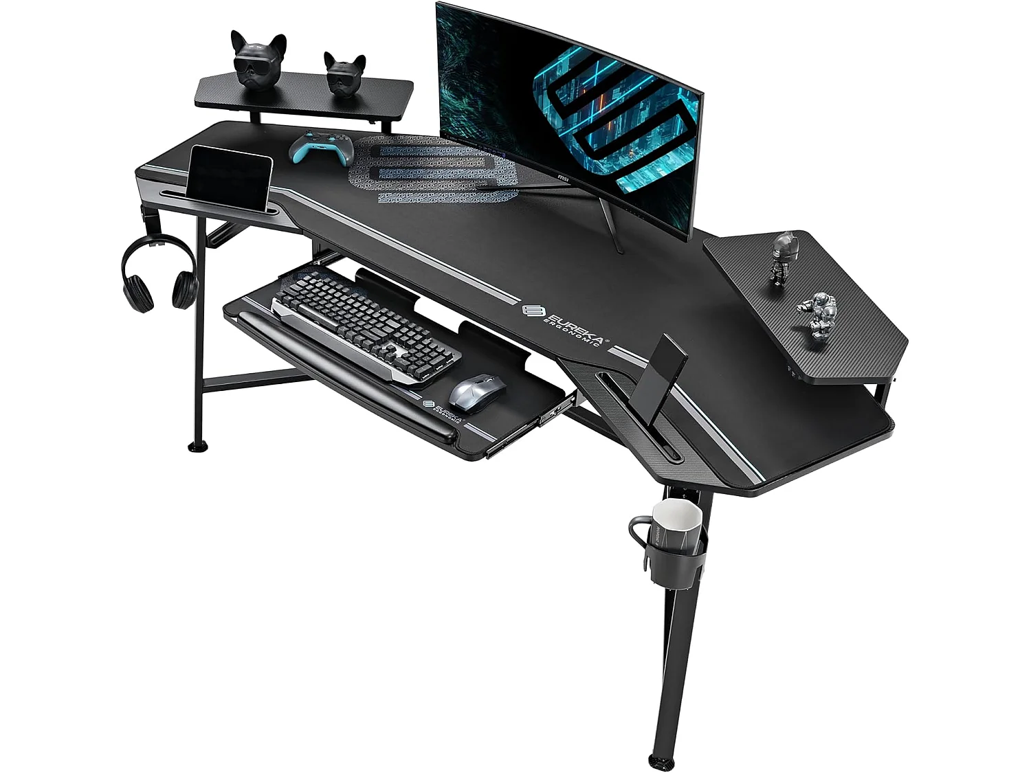 Bureau gaming LED 182×76cm forme aile, table informatique avec repose-clavier, deux supports écran et crochet casque. Convient pour maison, bureau, studio et