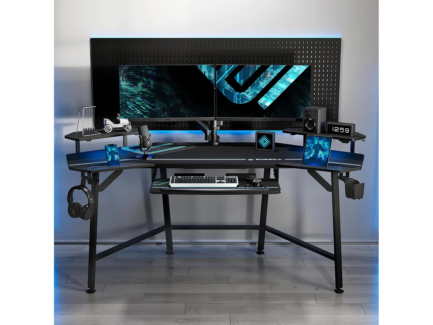 Bureau gaming LED 182×76cm forme aile, table informatique avec repose-clavier, deux supports écran et crochet casque. Convient pour maison, bureau, studio et