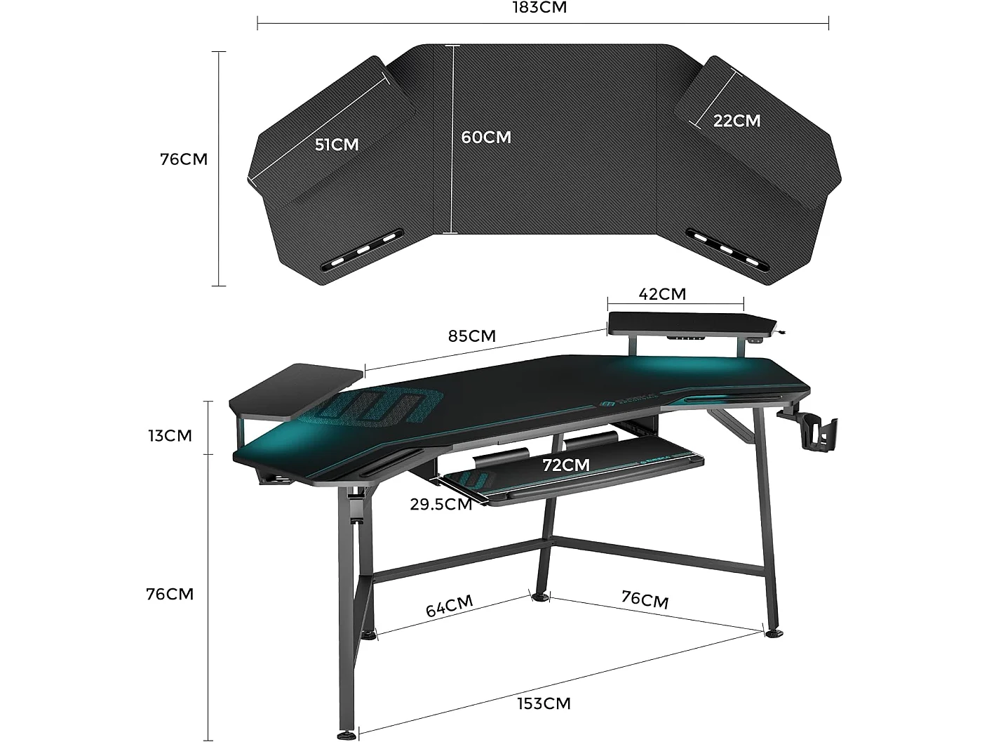 Bureau gaming LED 182×76cm forme aile, table informatique avec repose-clavier, deux supports écran et crochet casque. Convient pour maison, bureau, studio et
