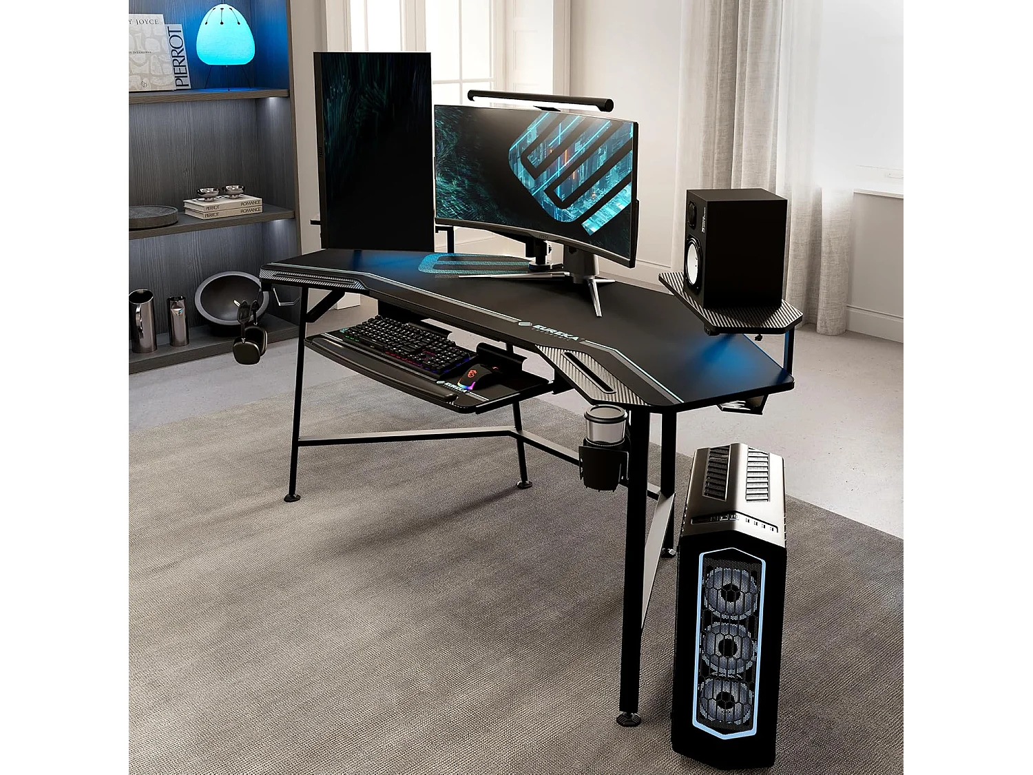 Bureau gaming LED 182×76cm forme aile, table informatique avec repose-clavier, deux supports écran et crochet casque. Convient pour maison, bureau, studio et