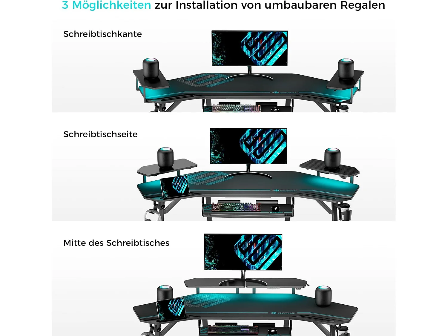 Bureau gaming LED 182×76cm forme aile, table informatique avec repose-clavier, deux supports écran et crochet casque. Convient pour maison, bureau, studio et