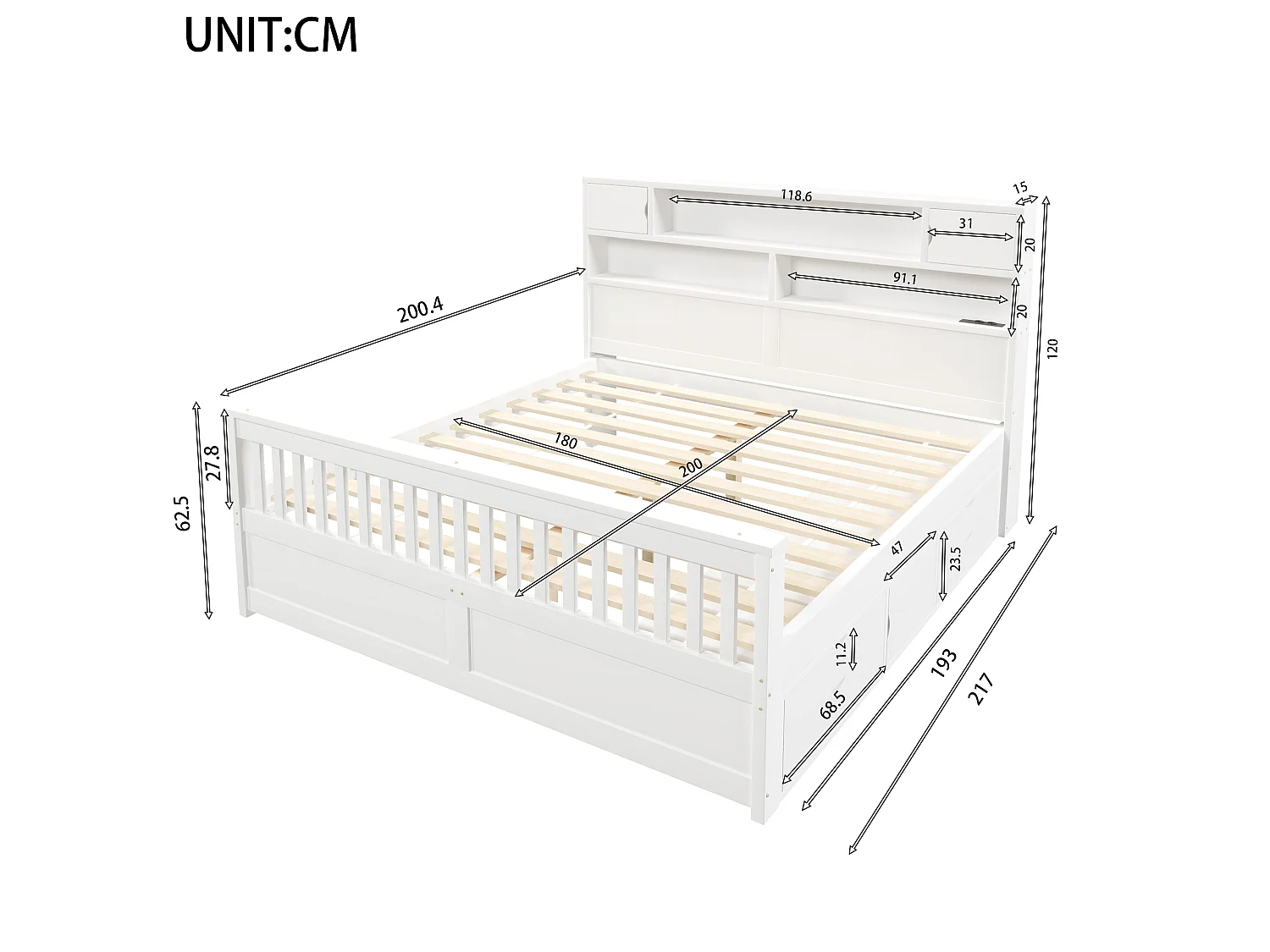 Vuxensäng 180 x 200 cm med LED, USB-port och 4 lådor - Vit dubbelsäng i MDF-trä