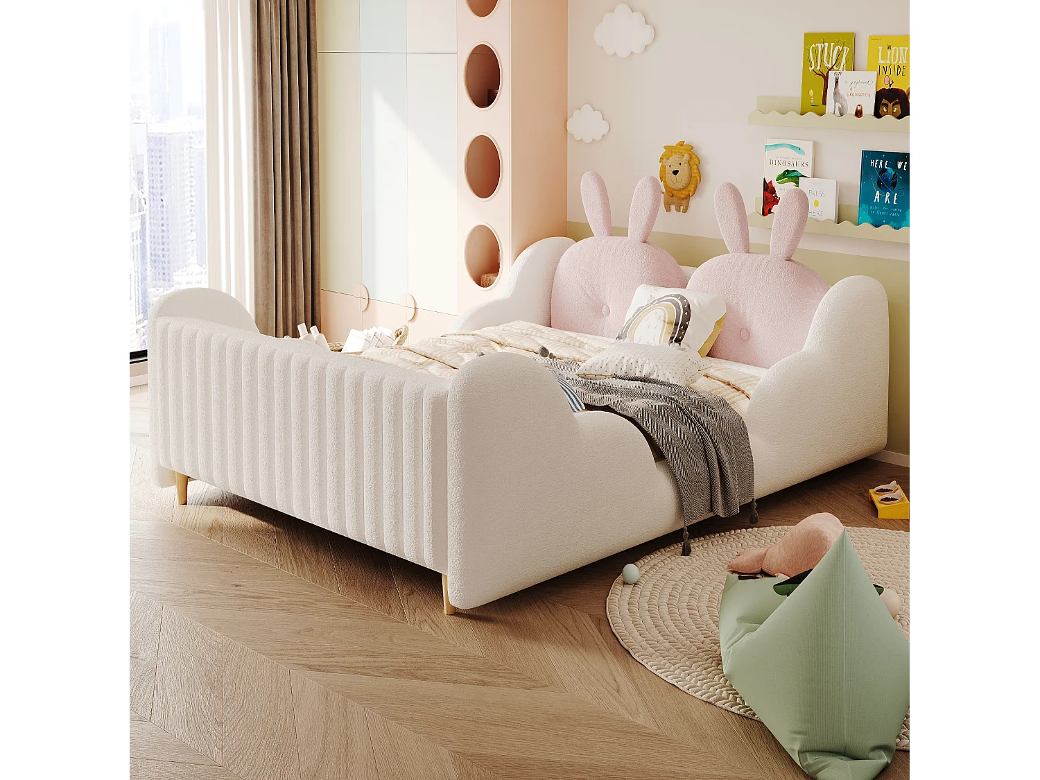 Lit enfant capitonné 140 x 200 cm - avec coussins en forme de lapin - avec barrières latérales - rose (matelas non inclus)