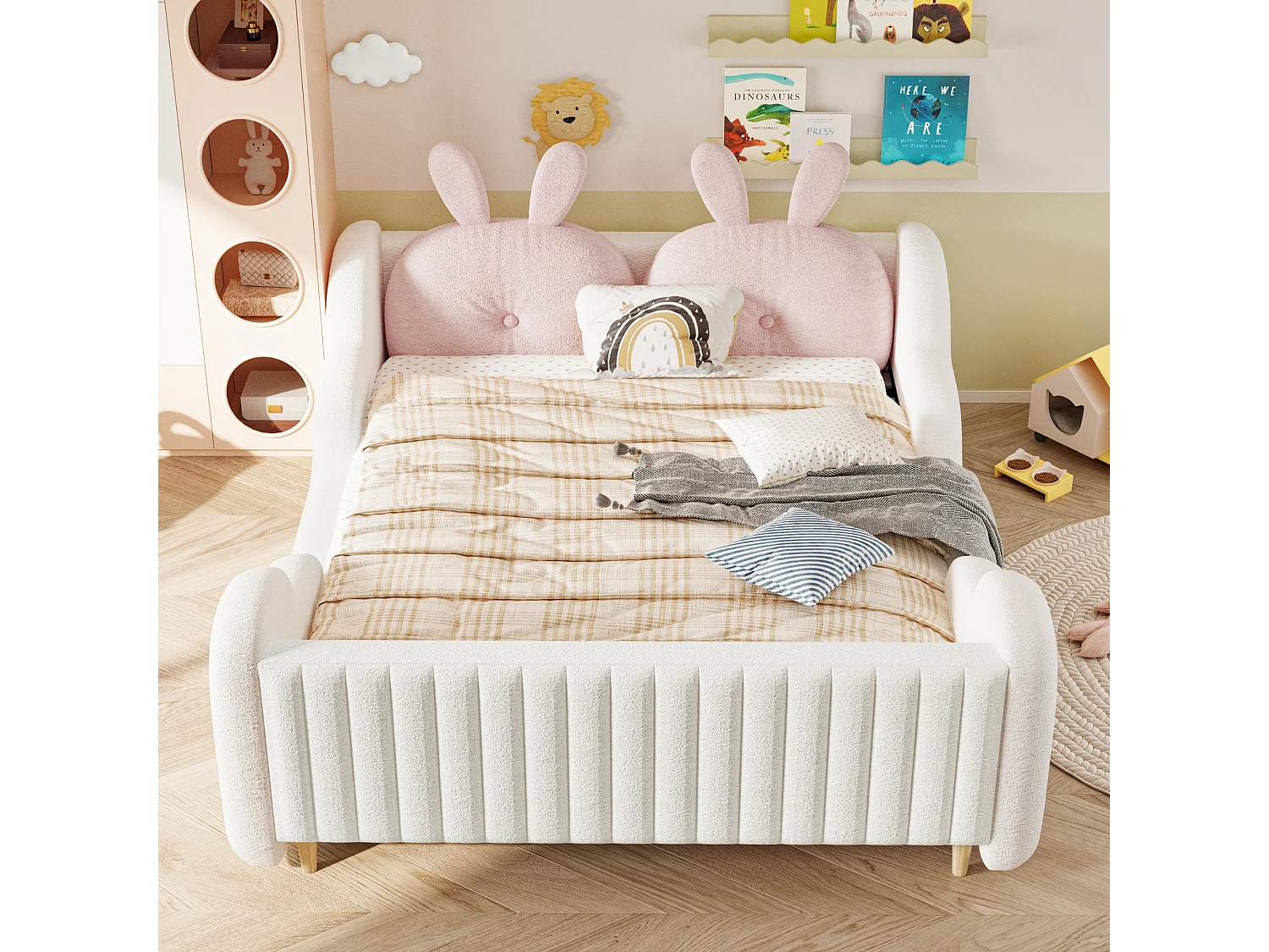 Lit enfant capitonné 140 x 200 cm - avec coussins en forme de lapin - avec barrières latérales - rose (matelas non inclus)