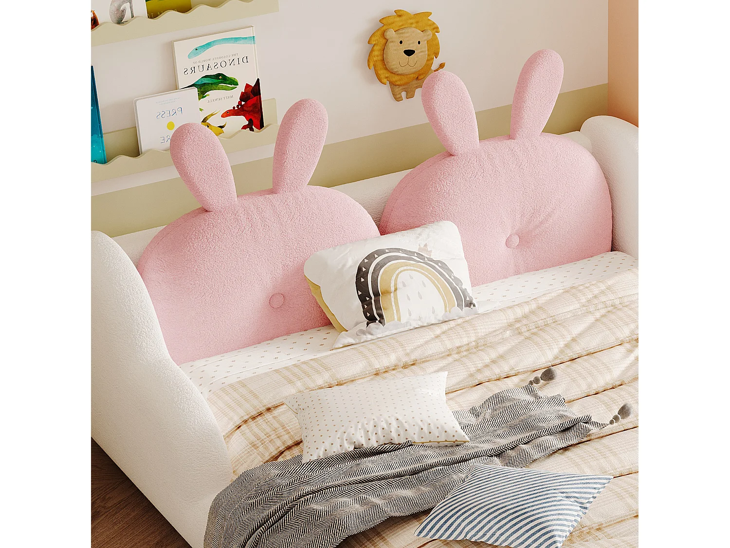 Lit enfant capitonné 140 x 200 cm - avec coussins en forme de lapin - avec barrières latérales - rose (matelas non inclus)