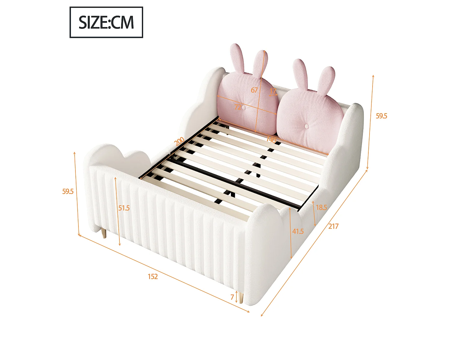 Lit enfant capitonné 140 x 200 cm - avec coussins en forme de lapin - avec barrières latérales - rose (matelas non inclus)