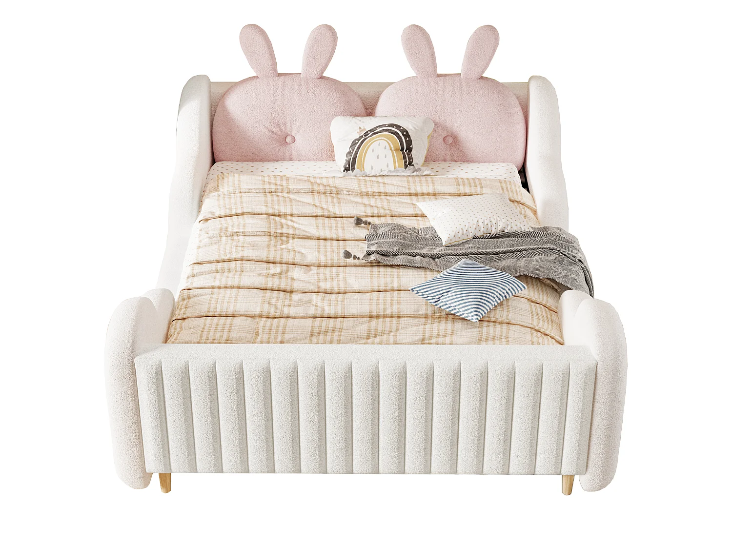 Lit enfant capitonné 140 x 200 cm - avec coussins en forme de lapin - avec barrières latérales - rose (matelas non inclus)