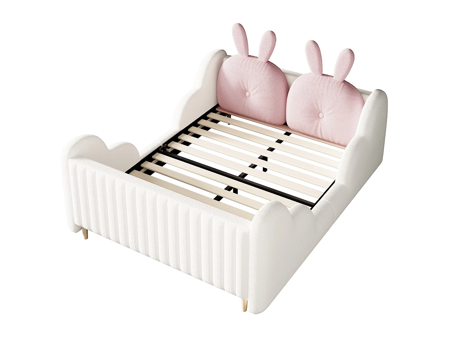 Lit enfant capitonné 140 x 200 cm - avec coussins en forme de lapin - avec barrières latérales - rose (matelas non inclus)