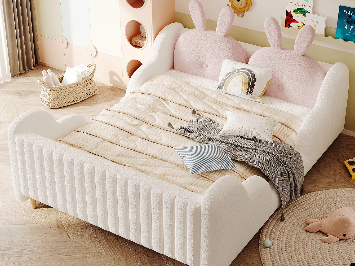 Lit enfant capitonné 140 x 200 cm - avec coussins en forme de lapin - avec barrières latérales - rose (matelas non inclus)