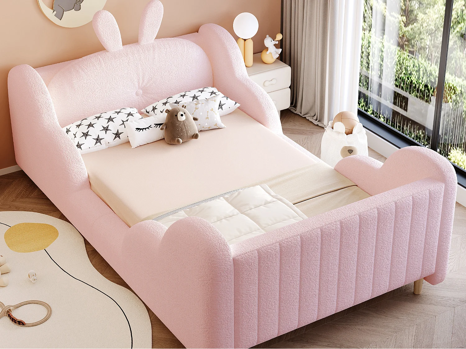 Lit enfant capitonné 90 x 200 cm - avec coussins en forme de lapin - avec barrières latérales - blanc (matelas non inclus)