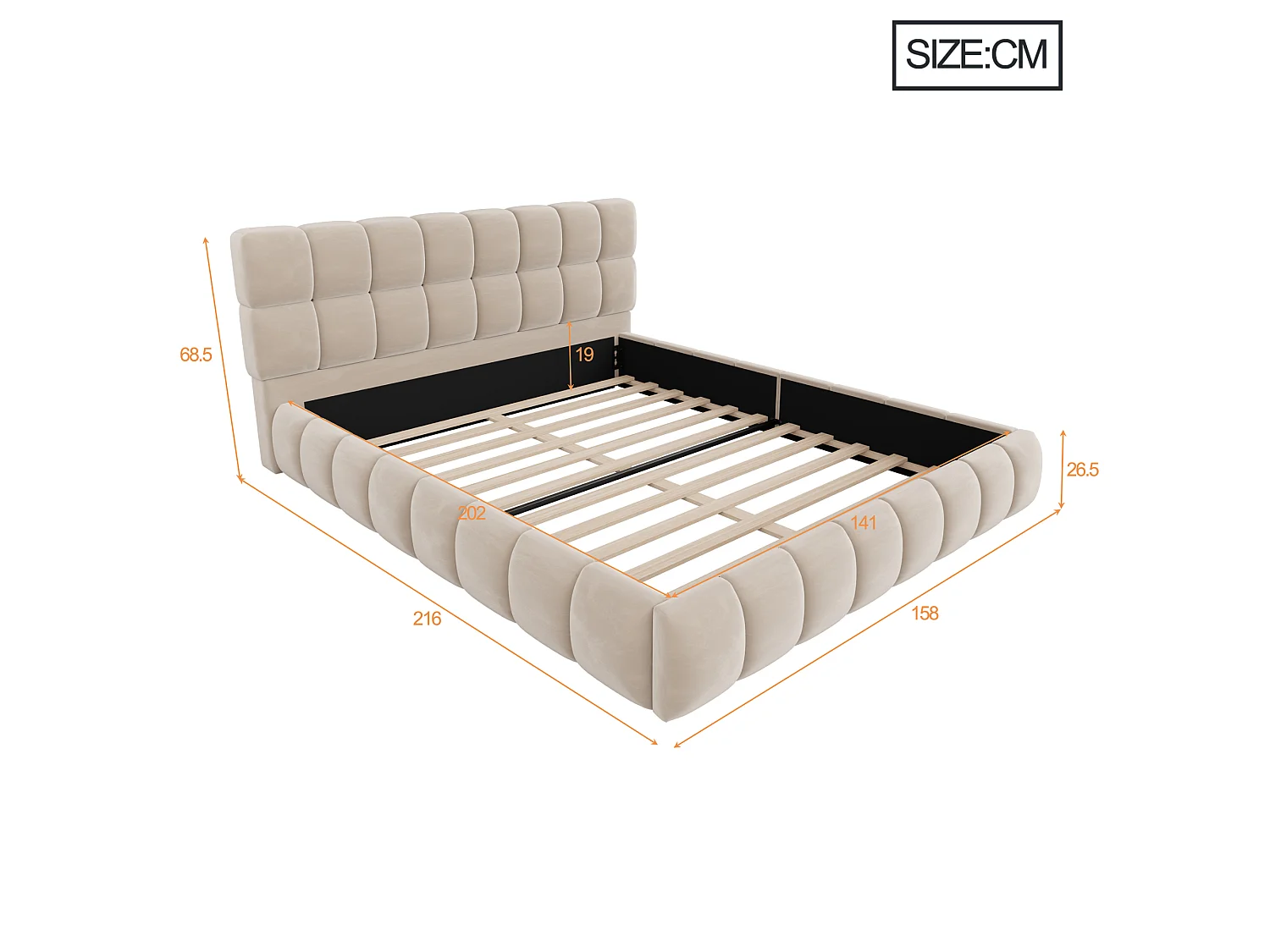 Lit double rembourré 140 x 200 cm - avec tête de lit rembourré - velours - beige (matelas non inclus)