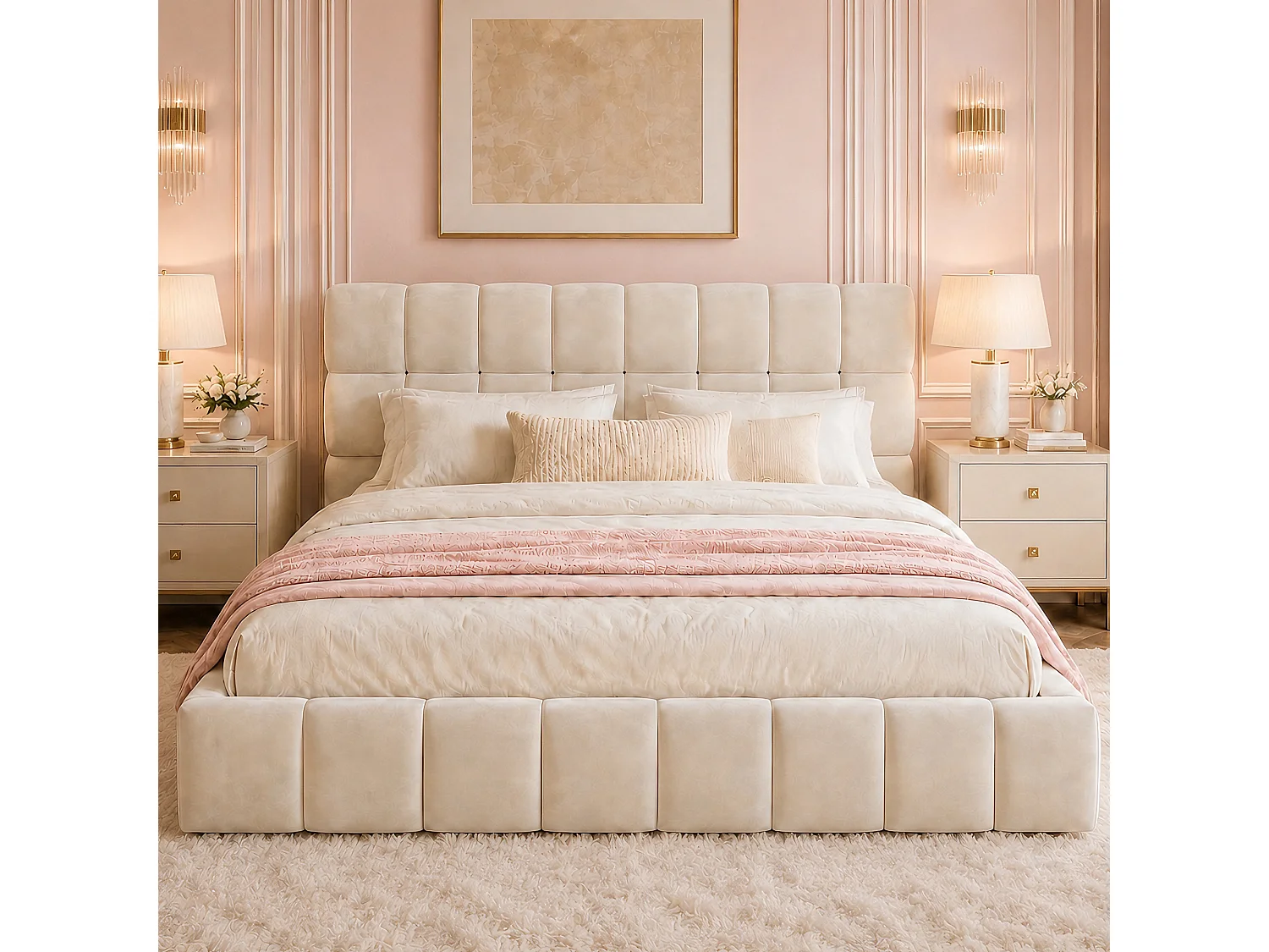 Lit double rembourré 140 x 200 cm - avec tête de lit rembourré - velours - beige (matelas non inclus)