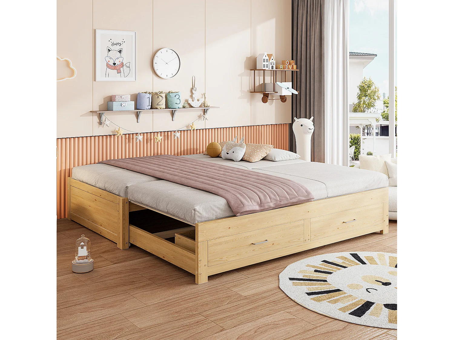Ausziehbares Holz-Schlafsofa 180 x 190 cm - mit 2 Schubladen - mit Lattenrost - Natur (Matratze nicht enthalten)