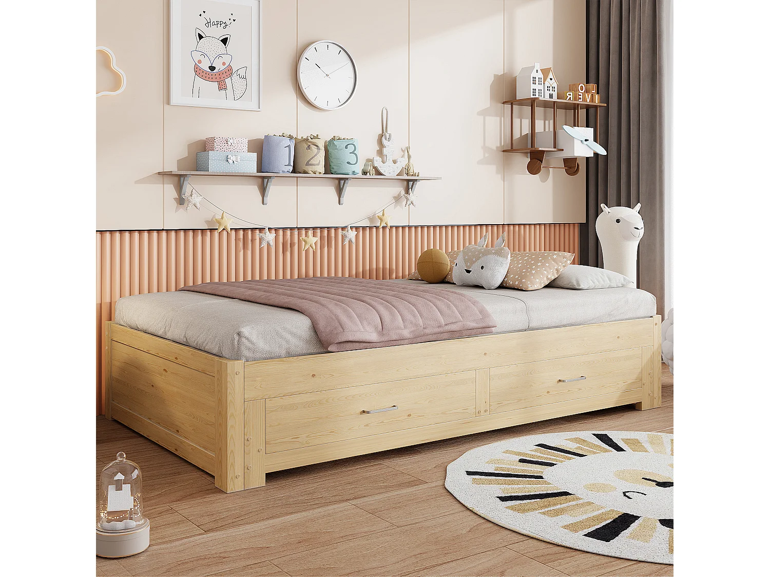 Ausziehbares Holz-Schlafsofa 180 x 190 cm - mit 2 Schubladen - mit Lattenrost - Natur (Matratze nicht enthalten)