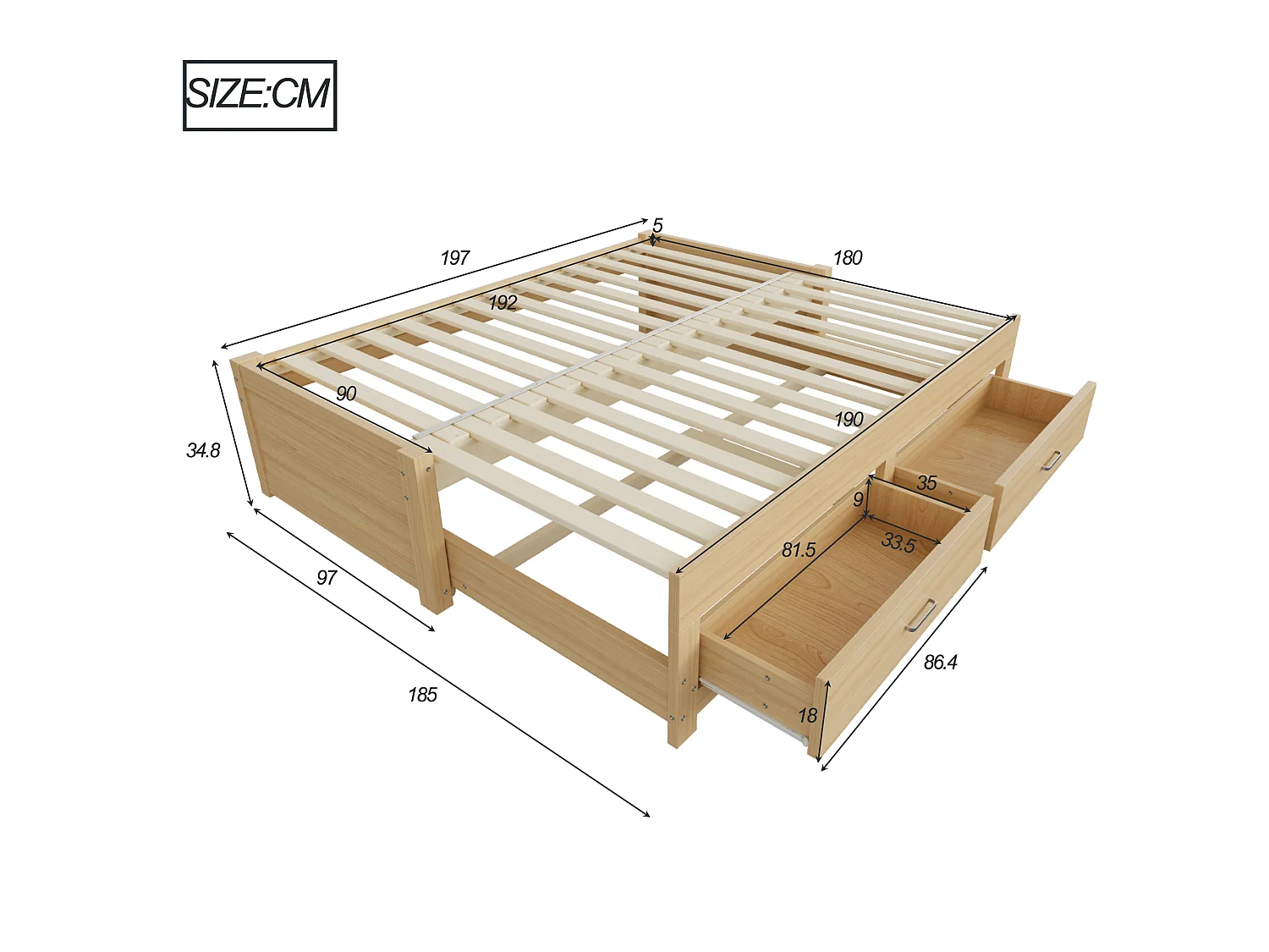 Ausziehbares Holz-Schlafsofa 180 x 190 cm - mit 2 Schubladen - mit Lattenrost - Natur (Matratze nicht enthalten)