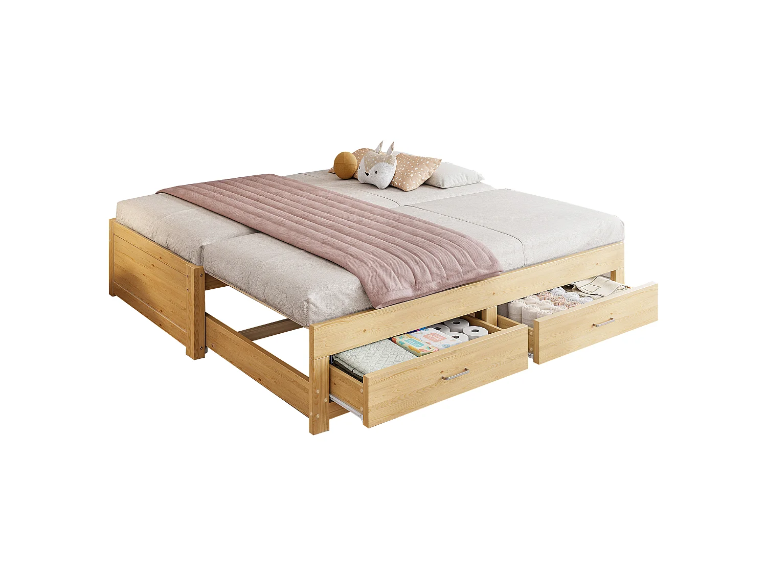 Ausziehbares Holz-Schlafsofa 180 x 190 cm - mit 2 Schubladen - mit Lattenrost - Natur (Matratze nicht enthalten)