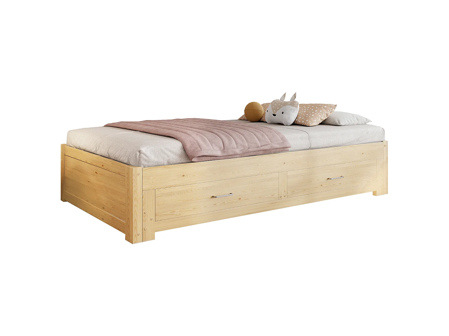 Ausziehbares Holz-Schlafsofa 180 x 190 cm - mit 2 Schubladen - mit Lattenrost - Natur (Matratze nicht enthalten)