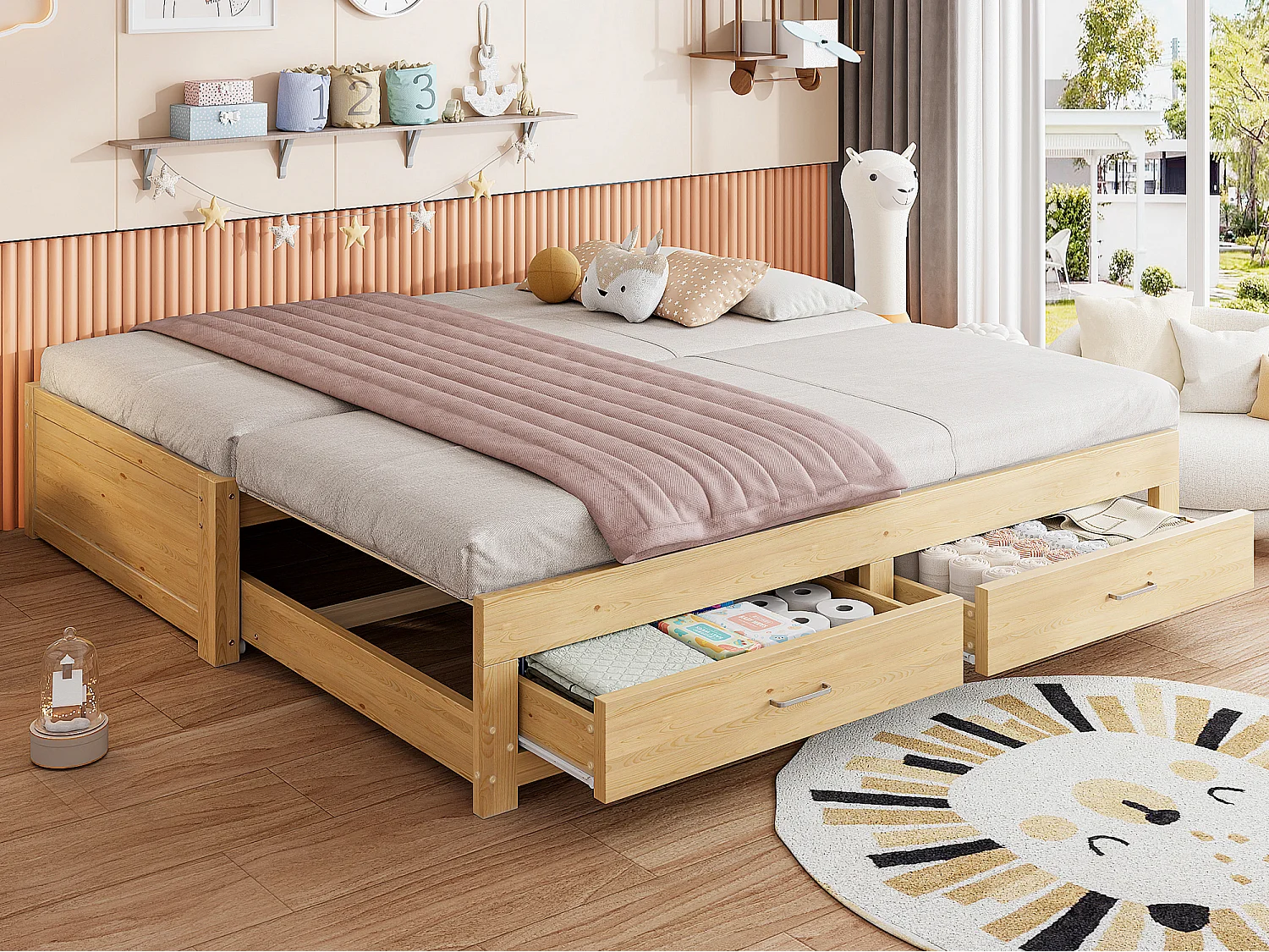 Ausziehbares Holz-Schlafsofa 180 x 190 cm - mit 2 Schubladen - mit Lattenrost - Natur (Matratze nicht enthalten)