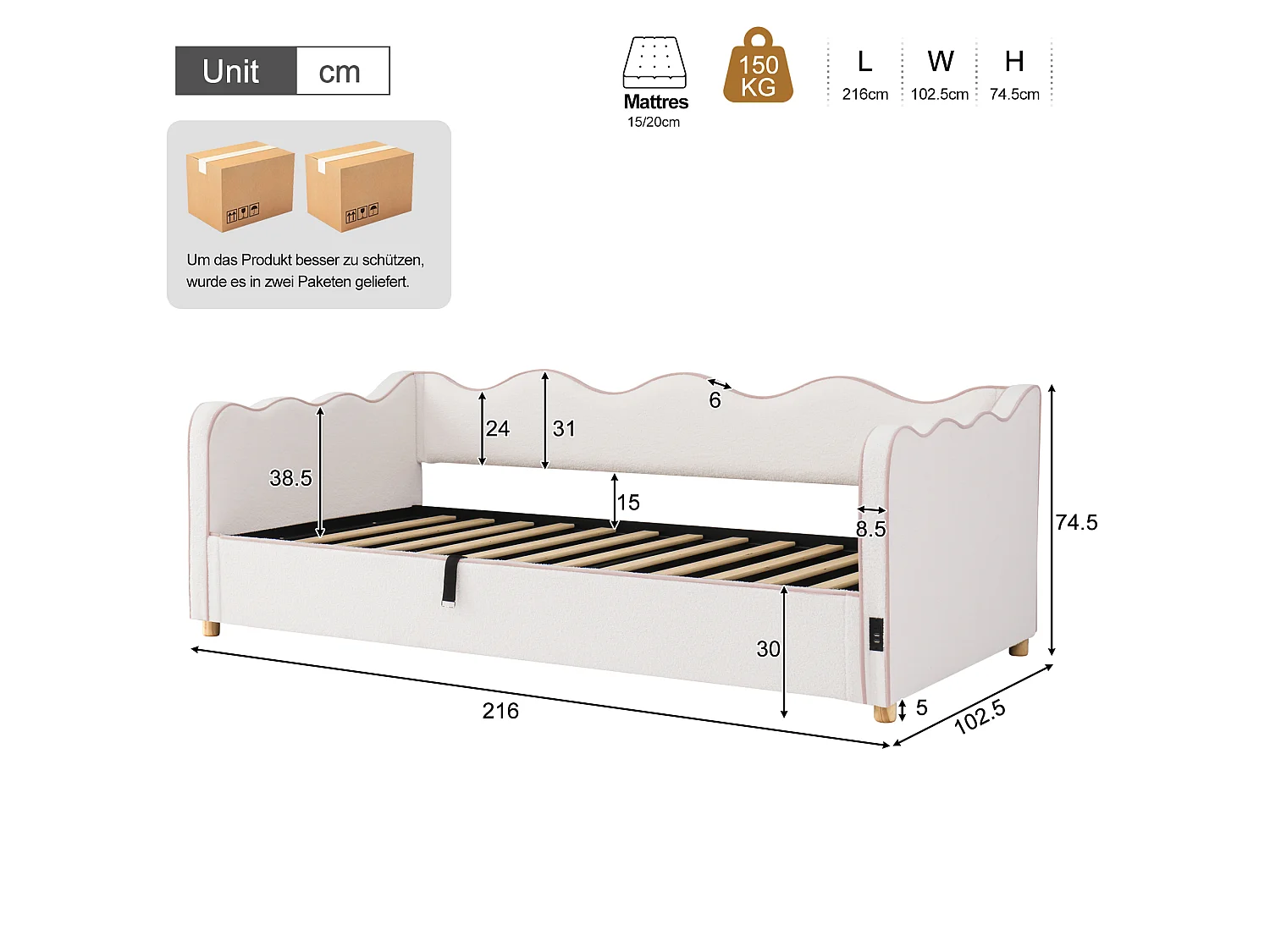 Polsterbettsofa mit Stauraum 90x200 cm - mit USB-Anschluss und Rückenlehne - Bouclé-Veloursstoff - Beige (Matratze nicht enthalten)