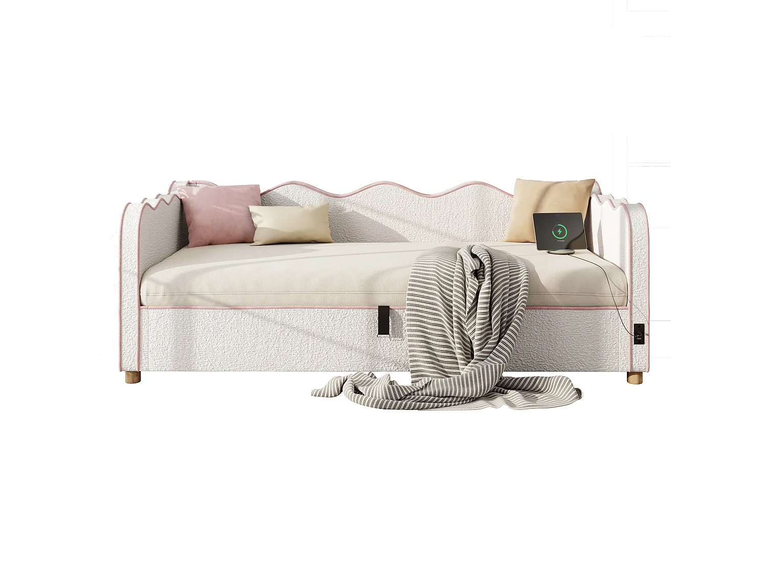 Polsterbettsofa mit Stauraum 90x200 cm - mit USB-Anschluss und Rückenlehne - Bouclé-Veloursstoff - Beige (Matratze nicht enthalten)
