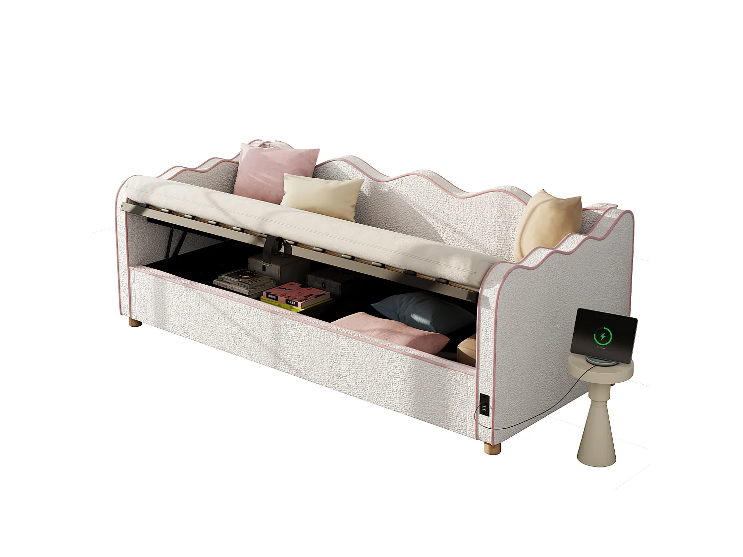 Polsterbettsofa mit Stauraum 90x200 cm - mit USB-Anschluss und Rückenlehne - Bouclé-Veloursstoff - Beige (Matratze nicht enthalten)